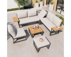 Sweiko Tuin loungeset - Modulair - Hoekbank - Met salontafel - Voetenbank - Inclusief kussens - Beige