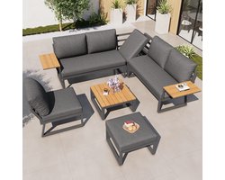 Sweiko Tuin loungeset - Modulair - Hoekbank - Met salontafel - Voetenbank - Inclusief kussens - Grijs