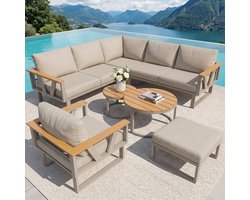Sweiko Tuin loungeset - Modulair - Hoekbank - Metalen frame - 2 salontafels - Fauteuil - Beige