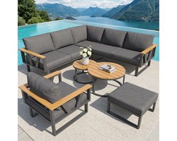 Sweiko Tuin loungeset - Modulair - Hoekbank - Metalen frame - 2 salontafels - Fauteuil - Grijs