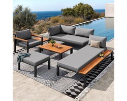 Sweiko Tuin loungeset - Modulaire zitmeubelen - Metalen frame - 2 salontafel - Fauteuil - Chaise longue - Grijs
