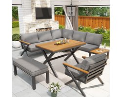 Sweiko Tuin Loungeset - Modulaire zitmeubelen - Metalen frame - Hoekbank - Met tafel - Fauteuil - Grijs