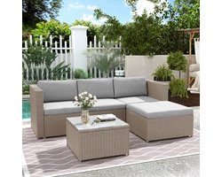 Sweiko Tuin Loungeset - Poly Rotan Tuinmeubelen - Hoekbank - Met zitkussens - Glazen tafelblad - Grijs + Khaki