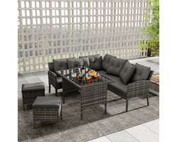 Sweiko Tuin Loungeset - Tuinmeubilair - 7-zits - Bank + Tafel + Kruk + Kussens - Grijs