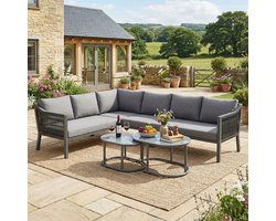 Sweiko Tuin loungset - 6-zits - Hoekbank - 2 salontafels - Metalen frame - Glazen tafelblad - Inclusief kussens - Grijs