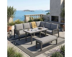 Sweiko Tuin loungset - 8-zits - Inclusief hoekbank - Glazen tafel - Zitbank - Metalen frame - Met kussens - Grijs