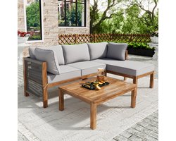 Sweiko Tuinlounge stoel set (set van drie), acaciahouten frame, grijze touw armleuningen, L-vormige tuinmeubelset, lichtgrijs zitkussen en kussens, met verstelbare poten, 2 love seats en 1 tafel