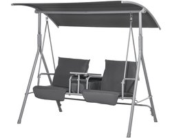 Sweiko Tuinschommel - Dubbele zitting - Met luifel + tafel - Metalen frame - Maximale belasting 180 kg - Zwart