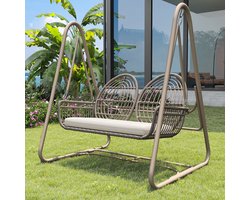 Sweiko Tuinschommel - Met rugleuning - Hollywood schommel - Metalen frame - PE rotan - Dubbele zitting - Lichtbruin