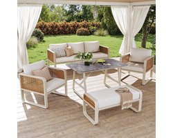 Sweiko Tuinset - 3-zitsbank - 2 fauteuils - Eettafel - Met bank - PE-rotan - Metalen frame - Beige