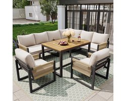 Sweiko Tuinset - Dining loungeset - 7-8 Personen - Met Eettafel - Hoekbank - 2 Enkele Stoelen - Beige