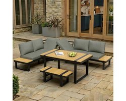 Sweiko Tuinset - Hoekbank - Verstelbare lighoek - Metalen frame - Inclusief eettafel - Grijs + Naturel