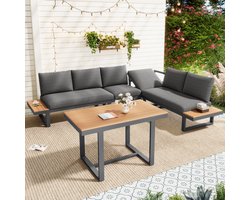 Sweiko Tuinset - Hoekbank - Verstelbare lighoek - Metalen frame - Met eettafel - Kunststof houten tafelblad - Grijs