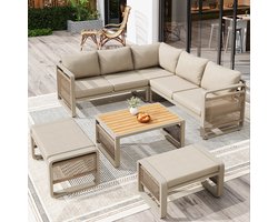 Sweiko Tuinset - Loungeset - Hoekbank + 2 hocker + Salontafel - Modulair meubilair - Met kussens - Metalen frame - Beige