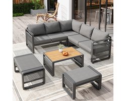 Sweiko Tuinset - Loungeset - Hoekbank + 2 hocker + Salontafel - Modulair meubilair - Met kussens - Metalen frame - Grijs