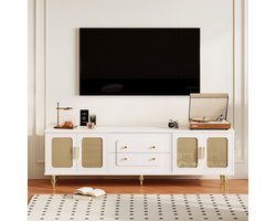 Sweiko TV kast, Lade kast, Retro stijl TV meubels, Gouden handvatten, Ruime opbergruimte, met rotan deuren en metalen poten, Wit
