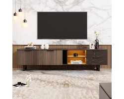 Sweiko TV kast - Marmerlook - Donkere houtnerf deuren - LED-verlichting - 2 deuren + 2 laden - Zwart Bruin