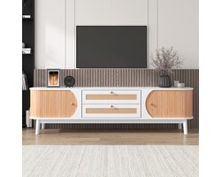 Sweiko TV Kast, Natuurlijke Houten Blend TV Kast met Deuren en Lades, TV standaard met rotan zijkanten, Opslagoplossing, natuurlijke landelijke stijl