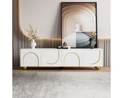 Sweiko TV Kast, Ronde Gouden Poten, Push open, Wit, Laag Paneel met getextureerde deuren, versierd met gouden bogen, gouden sieraden