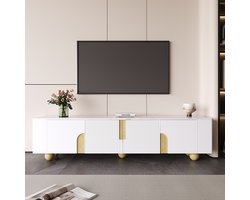 Sweiko TV meubel - 180 cm - 4 deuren - Marmeren blad - Houten poten - Wit