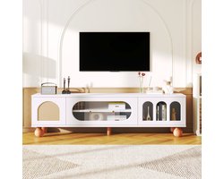 Sweiko TV meubel - Rotan deuren - Glazen schuifdeuren - Massief houten poten - Wit