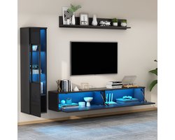 Sweiko TV-meubel - Set van 3 - LED-verlichting - Hoogglans - Vitrinekast - Wandplanken - Zwart