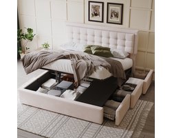 Sweiko Tweepersoons gestoffeerd bed - 160x200 cm - 3 laden - hydraulische opbergruimte - zonder matras - linnen - beige