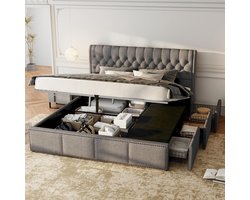 Sweiko Tweepersoons gestoffeerd bed - 160x200 cm - 3 laden - hydraulische opbergruimte - zonder matras - linnen - grijs