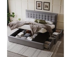 Sweiko Tweepersoons gestoffeerd bed - 180x200 cm - 3 laden - hydraulische opbergruimte - zonder matras - linnen - grijs