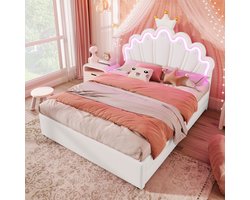 Sweiko Tweepersoonsbed - 140 x 200 cm - Crown Princess bed - LED-verlichting - 2 laden - zonder matras - wit