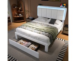 Sweiko Tweepersoonsbed - 140 x 200 cm - Teddy - Verstelbaar hoofdeinde - LED-verlichting - USB-aansluiting - Wit