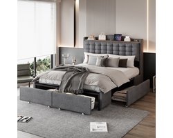Sweiko Tweepersoonsbed - 140 x 200 cm - USB-aansluiting - 4 lades - Linnen - Grijs