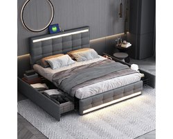 Sweiko Tweepersoonsbed - 140*200cm - LED-verlichting - 4 laden + 2 USB-poorten - Linnen stof - Grijs