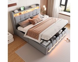 Sweiko Tweepersoonsbed - 160*200 cm - Met LED-verlichting + USB-aansluiting - Hydraulische opbergruimte - Linnen stof - Lichtgrijs