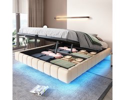 Sweiko Tweepersoonsbed - 160x200 cm - Met opbergruimte - LED verlichting - Zonder hoofdbord - Linnen - Beige