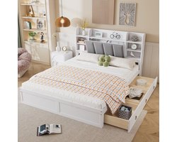 Sweiko Tweepersoonsbed - 160x200cm - 3 laden - Opbergvak - Dennenhouten bedframe - Wit + grijs