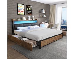 Sweiko Tweepersoonsbed - 180 x 200 cm - LED-verlichting - 4 lades - Opbergruimte - PU materiaal - Zwart