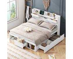 Sweiko Tweepersoonsbed, 180*200cm, met USB poort, Lades en opbergkast, Wieg, Multifunctioneel bed, Grote opbergruimte, Zonder matras, Wit
