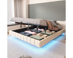 Sweiko Tweepersoonsbed - 180x200 cm - Met opbergruimte - LED verlichting - Zonder hoofdbord - Linnen - Beige