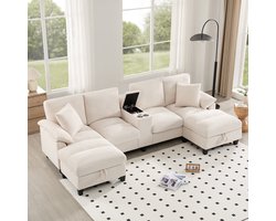 Sweiko U-vormige bank - 4-zits - Corduroy - Met 2 kussens - 2 bekerhouders - USB-poorten - Beige