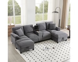 Sweiko U-vormige bank - 4-zits - Corduroy - Met 2 kussens - 2 bekerhouders - USB-poorten - Grijs