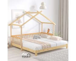 Sweiko Uitbreidbaar boomhut bed, huisbed, Kinderbed, Bedbank, dagbed, een- en tweepersoonsbed, puur massief hout, Natuurlijk (200x90/180cm)