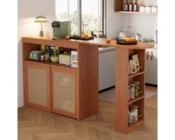 Sweiko Uitbreidbare bartafel met opbergruimte, Rieten net voor de deur, Verstelbare planken, bartafel, kleine bartafel, hoge tafel, keukeneiland, keukentafel, kleine huisbar (138-193 x 39 x 104cm)