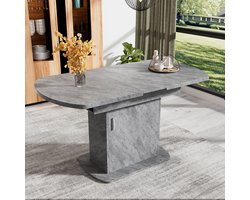 Sweiko Uitbreidbare Ovale Eettafel, L110/130xW70xH75cm,Eettafel met Opbergruimte, Casual salontafel, moderne minimalistische eettafel, ruimtebesparende multifunctionele eettafel, Beton Uiterlijk+Zilveren Handvat