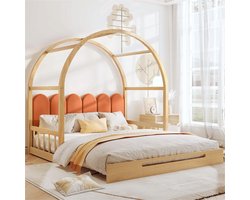 Sweiko Uitschuifbaar gewelfd dakbed, Schuifbed, Kinderbed, dagbed, Tweepersoonsbed, fluwelen kussen, dennenframe, Natuurlijk en oranje (100x140cm&140x200cm)