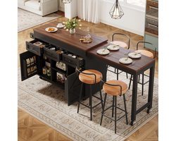 Sweiko Uitschuifbare eettafel - Keukeneiland - 360° draaibaar - 3 lades - Inclusief kast - Zwart + Bruin