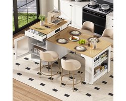 Sweiko Uitschuifbare Eettafel - Keukeneiland - Dressoir - 2 lades - Opbergplank - Met stopcontacten - Naturel + Wit