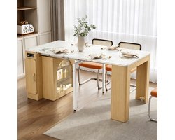 Sweiko Uitschuifbare Eettafel - Keukeneiland - Dressoir - LED-verlichting - Met stopcontacten - Marmerlook - Wit + Naturel