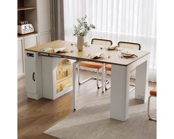 Sweiko Uitschuifbare Eettafel - LED-verlichting - Dressoir - Bartafel - Marmerlook - Natuurlijke + Wit