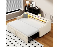 Sweiko Uitschuifbare slaapbank - 90/180 x 190 cm - LED verlichting - USB aansluiting - zonder matras - beige